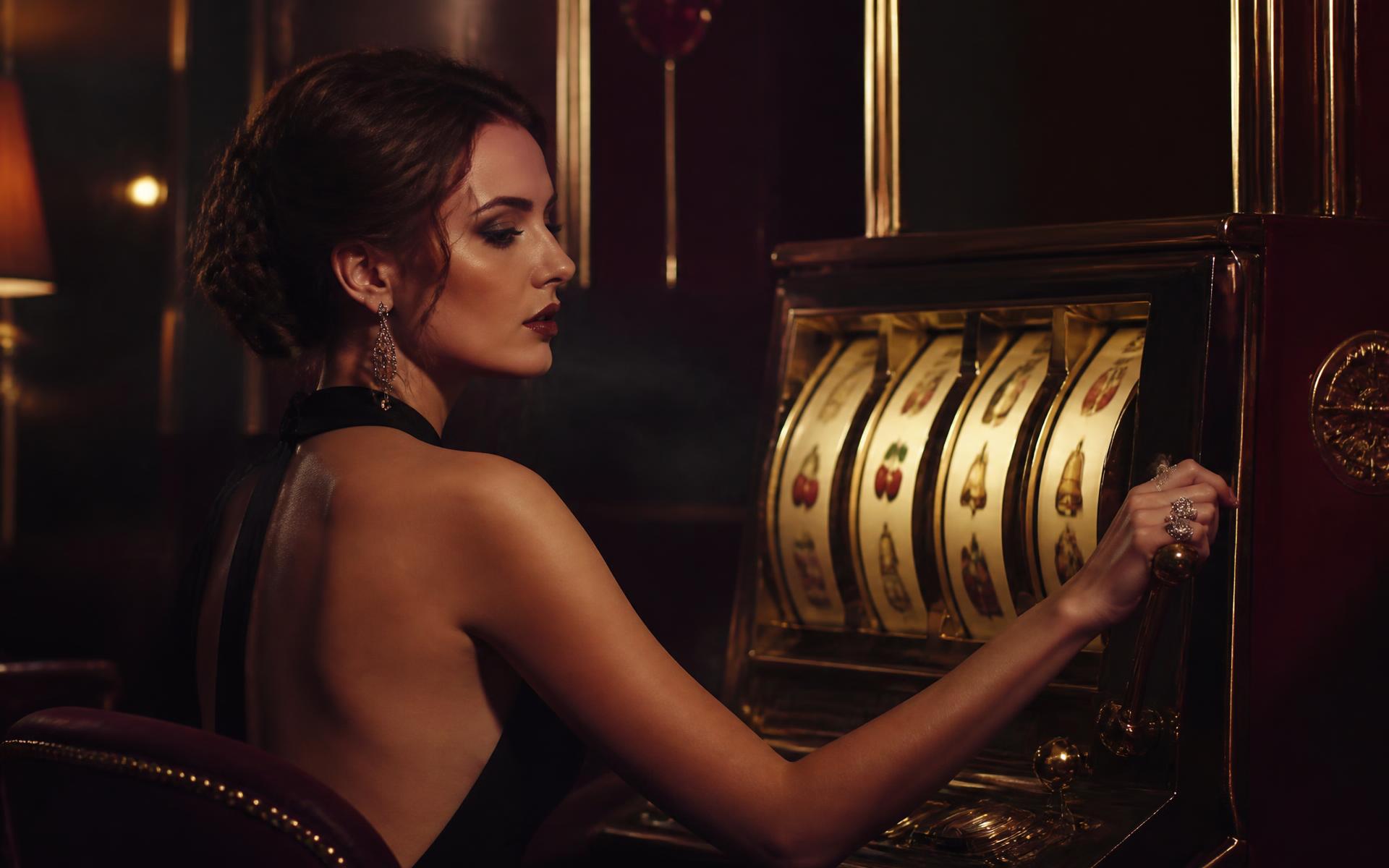 Elegant player at a warmly lit jackpot slot machine in a dark burgundy casino lounge